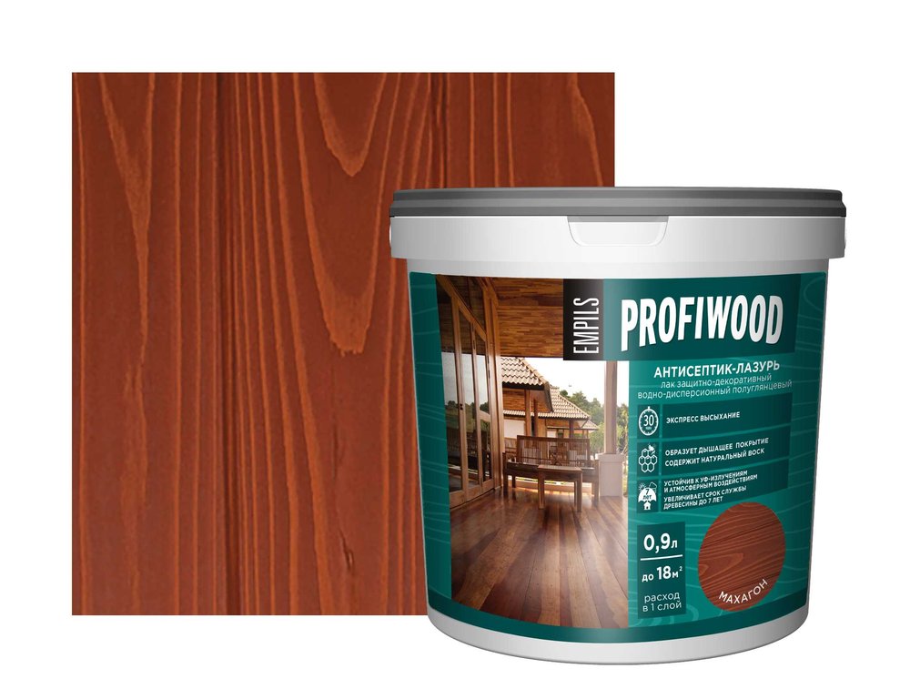 Водно-дисперсионный антисептик-лазурь PROFIWOOD (декоративный, атмосферостойкий, махагон, 0.9 кг) 70017