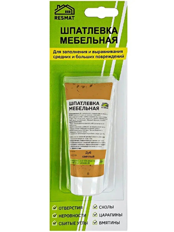 Мебельная шпатлевка Resmat цвет дуб светлый, 55 г, блистер арт. 2413