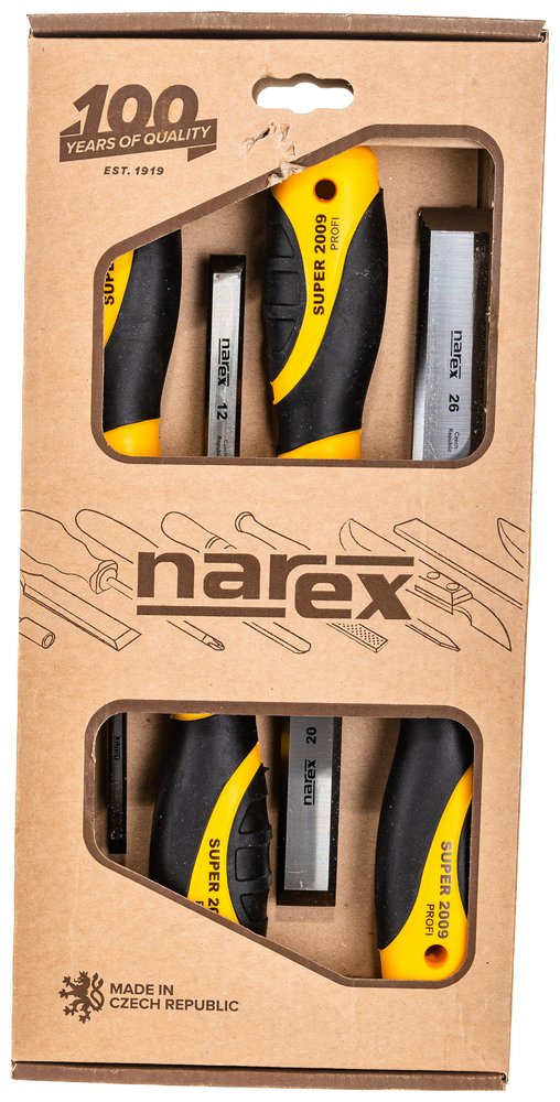 Набор из 4 плоских стамесок с ручкой NAREX SUPER 2009 LINE PROFI 6, 12, 20, 26 мм 860600