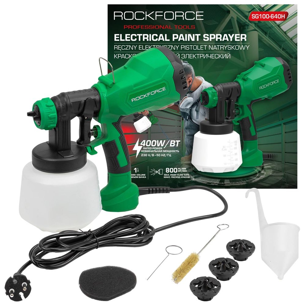 Электрический ручной краскопульт Rockforce 230 В, 400 Вт, объем бачка 1 л, макс.расход краски 800 мл/мин RF-SG100-640H(59000)
