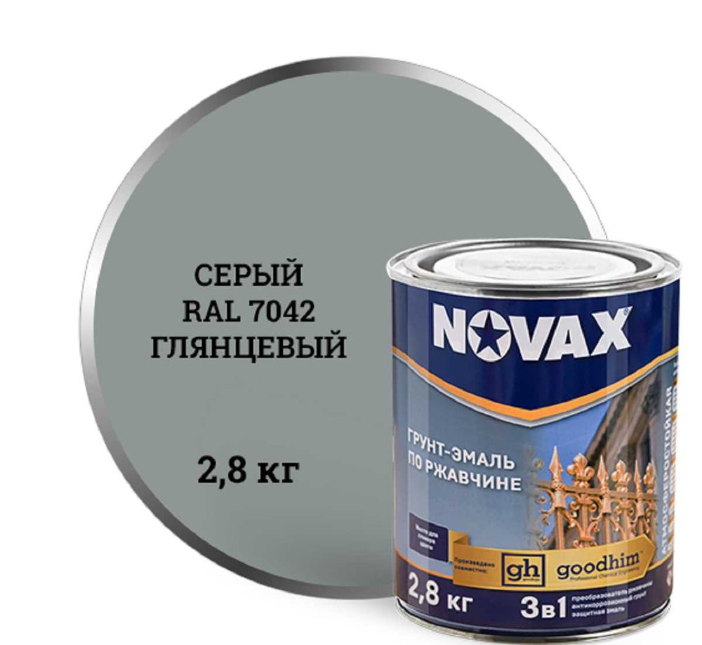 Грунт-эмаль Goodhim NOVAX 3в1 novax серый RAL 7042 глянцевая, 2,8 кг 10878
