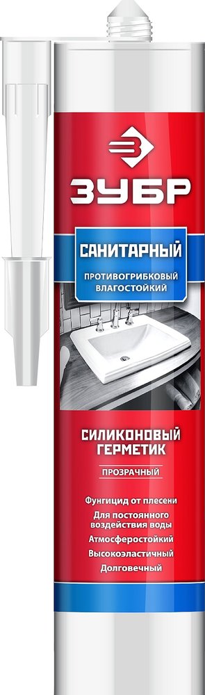 Санитарный силиконовый герметик ЗУБР для помещений с повышенной влажностью, 280мл, прозрачный 41235-2