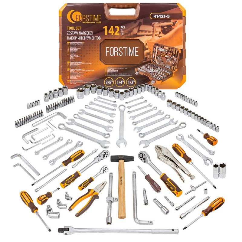Набор инструментов FORSTIME 142 предмета 1/4' 3/8' 1/2' (6-гр.) (4-32 мм) FT-41421-5(52556)