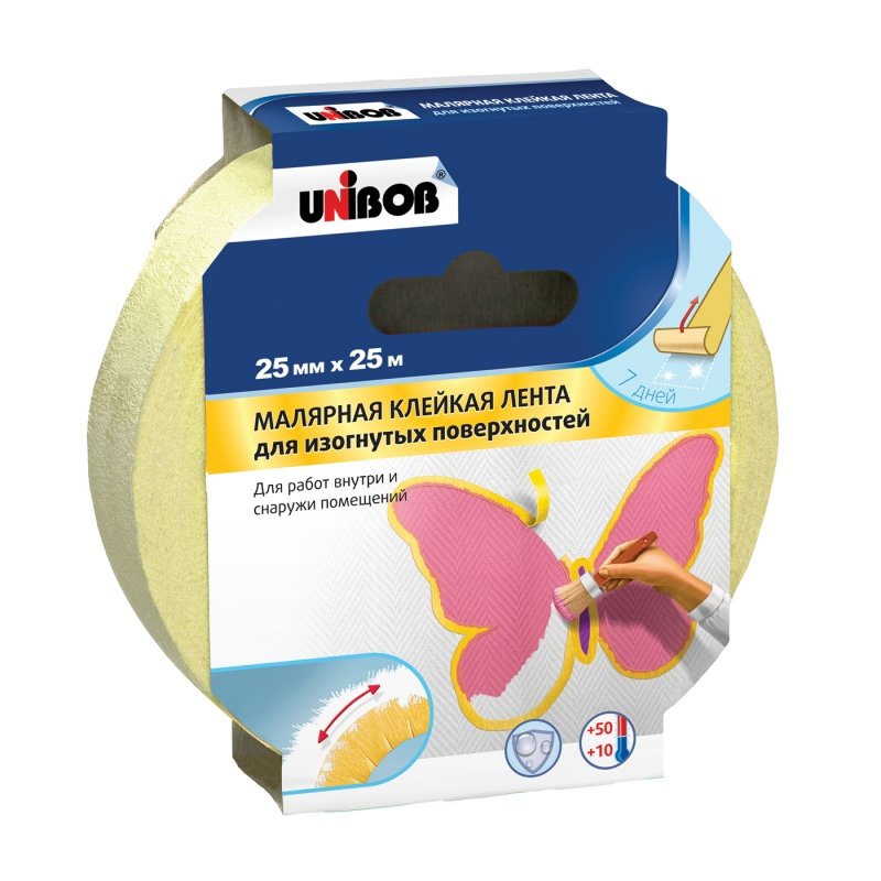 Малярная лента UNIBOB Профи 25 мм х 25 м, для изогнутых поверхностей, желтый 211736