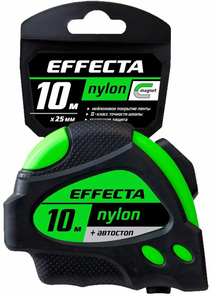 Рулетка 10м/25 мм с магнитом, автостопом, лентой нейлон EFFECTA Nylon 581025