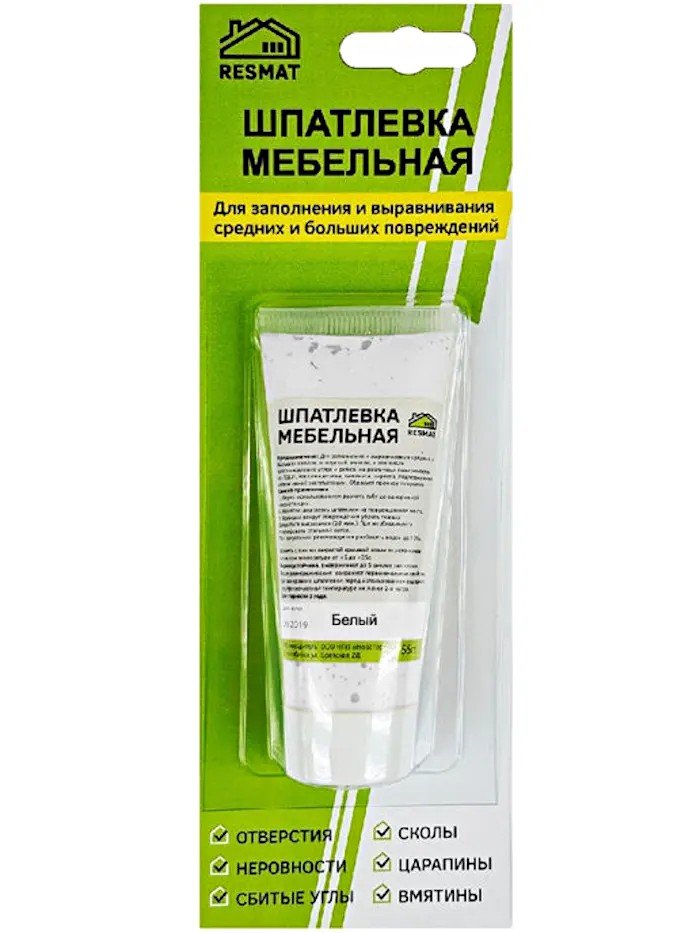 Мебельная шпатлевка Resmat цвет белый, 55 г, блистер арт. 2403