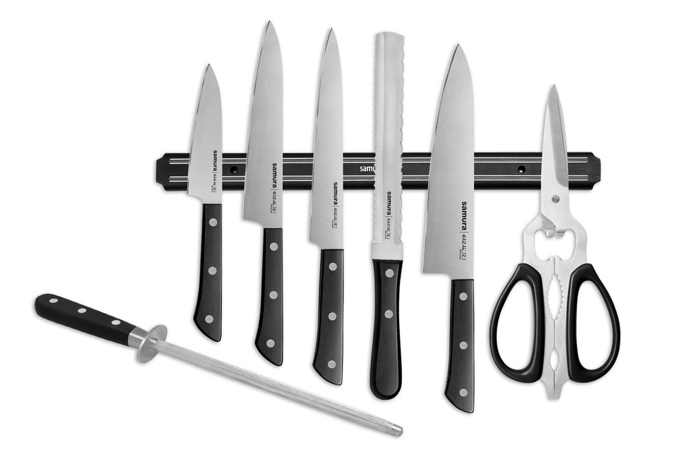 Набор ножей Samura 'HARAKIRI' Super Set 8в1, 11, 23, 45, 57, 85, мусат, ножницы, магнитный держатель SHR-0280B/K