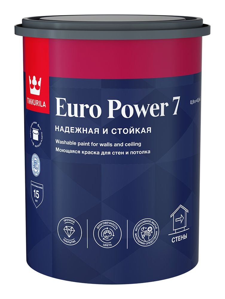 Интерьерная краска Tikkurila стойкая к мытью EURO POWER 7 база A матовая 0,9 л 700001118
