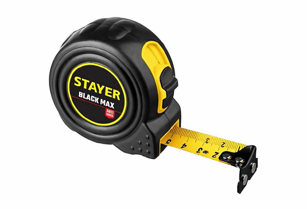 Рулетка Stayer BlackMax 10м / 25мм в ударостойком полностью обрезиненном корпусе и двумя фиксаторами 3410-10_z02