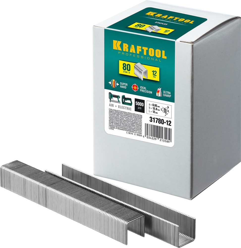 Скобы для степлера KRAFTOOL тип 21GA (80/Pr A/Senco AT) 12мм, 5000 шт, 31780-12