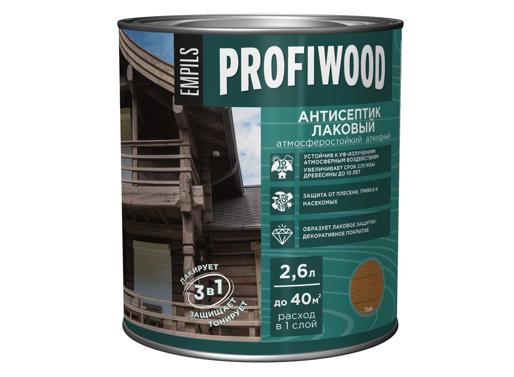 Алкидный антисептик PROFIWOOD (лаковый, тонирующий, атмосферостойкий, тик, 2.6 л, 2.4 кг) 67036