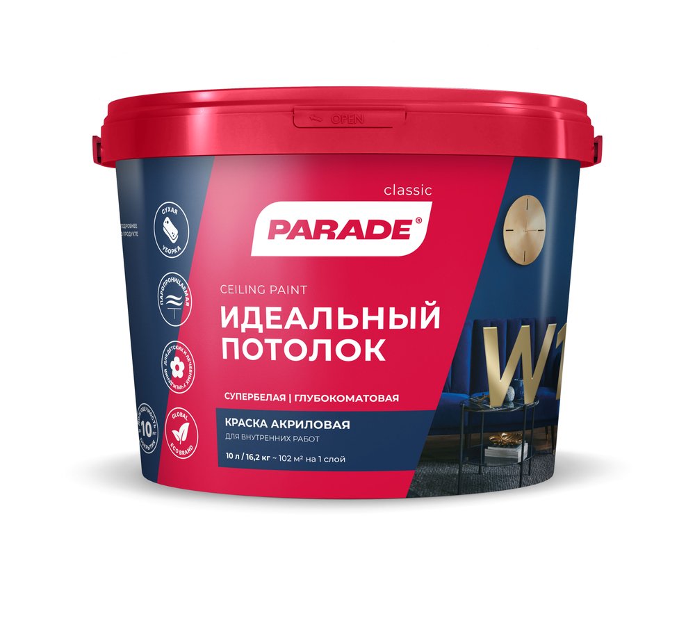 Краска акриловая PARADE W1 идеальный потолок белый матовый 10 л Россия 90002002306