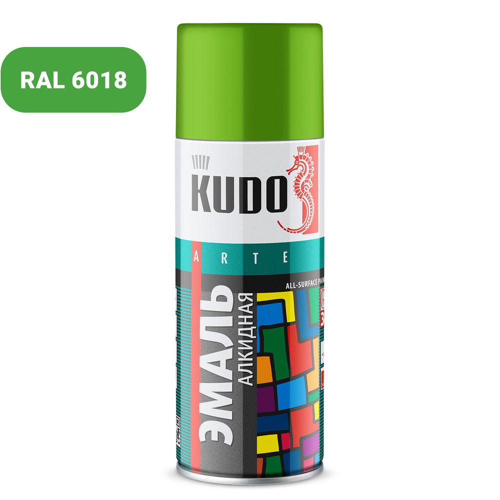 Аэрозольная краска в баллончике KUDO высокопрочная алкидная универсальная глянцевая RAL 6018 салатовая KU-10088