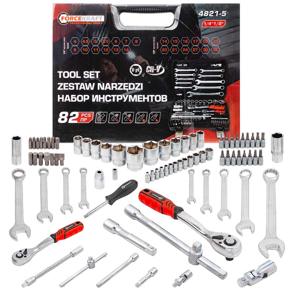 Набор инструментов Forcekraft 82 пр. 1/2', 1/4' 6гр., 4-32 мм Profi 16212 FK-4821-5(16212)