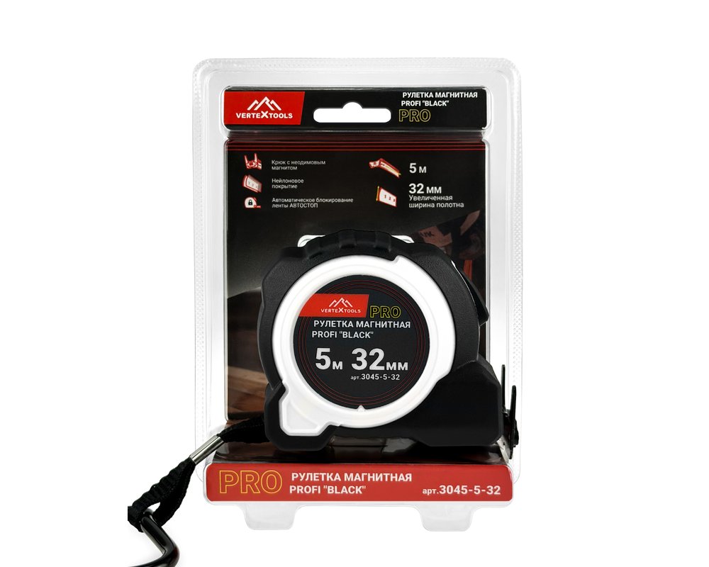 Рулетка vertextools profi 'black' магнитная, автостоп, нейлон 5x32мм 3045-5-32