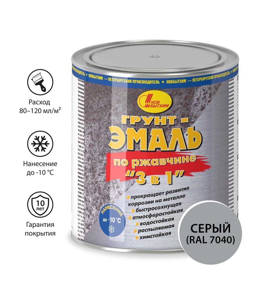 Грунт-эмаль по ржавчине Новбытхим 3 в 1, серая, RAL 7040 2,7 л 3387