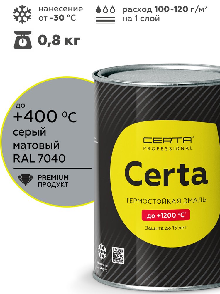 Термостойкая краска CERTA для металла, печей, мангалов, радиаторов, дымоходов, суппортов, до 400 градусов, серый RAL 7040, 0.8 кг CST00054