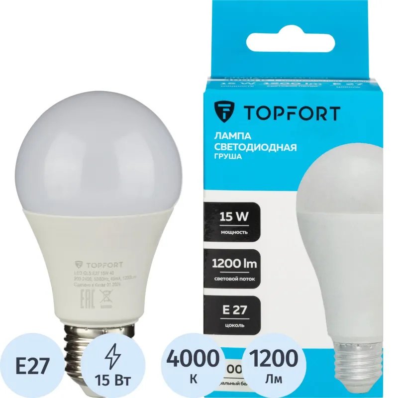 Лампа светодиодная Topfort E27 15W 4000K груша