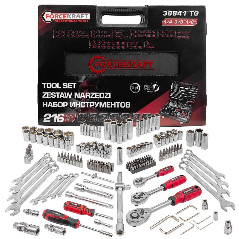 Набор инструментов Forcekraft 216пр. 1/4''3/8''1/2''(6гр.)(4-32мм) FK-38841 TQ(58708)