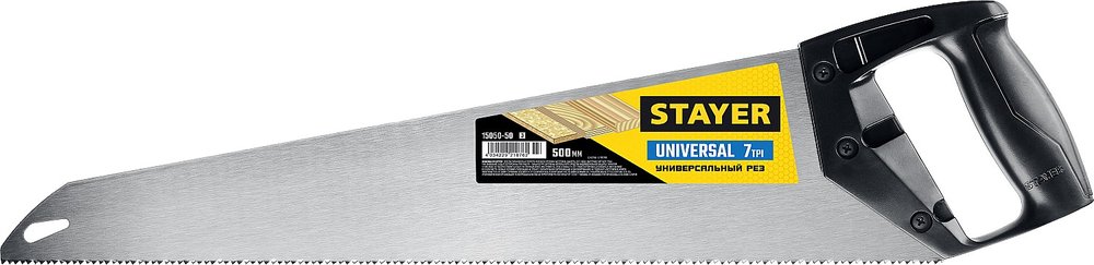 Универсальная ножовка пила Stayer 'Universal', 500мм,7TPI, закаленный зуб, рез вдоль и поперек волокон, для средних заготовок, фанеры, ДСП, МДФ, 15050-50_z03