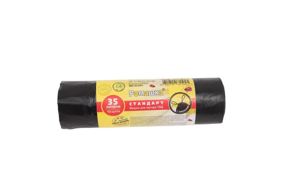 Мешки для мусора в рулоне с завязками (10 шт, 35 л, 50x58 см, 25 мкм, черные, ПВД) Ромашка ЗВС3510Ч