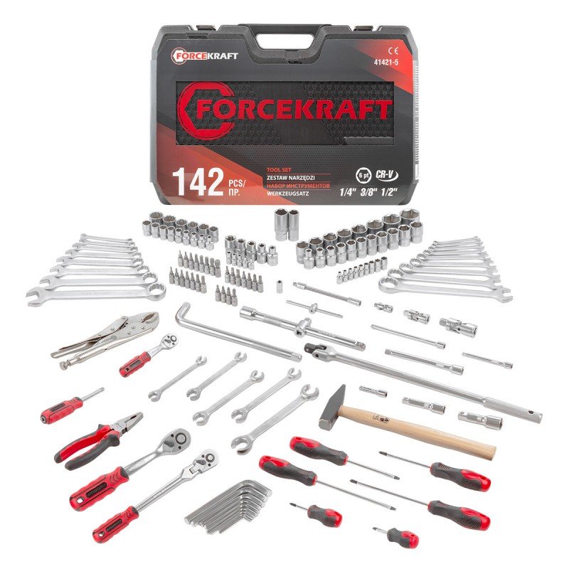 Набор инструментов Forcekraf 1/4'', 3/8'', 1/2'' 6 гранные, 142 предмета FK-41421-5(54623)