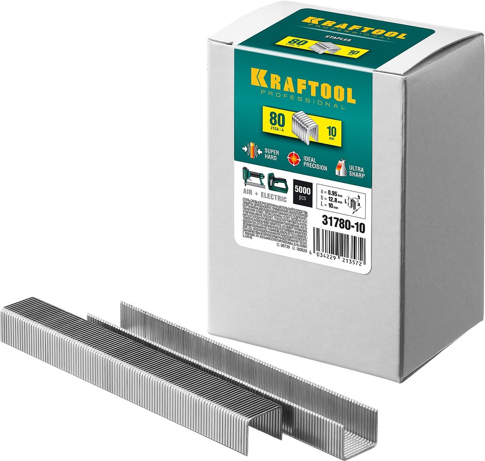 Скобы для степлера KRAFTOOL тип 21GA (80/Pr A/Senco AT) 10 мм, 5000 шт, 31780-10