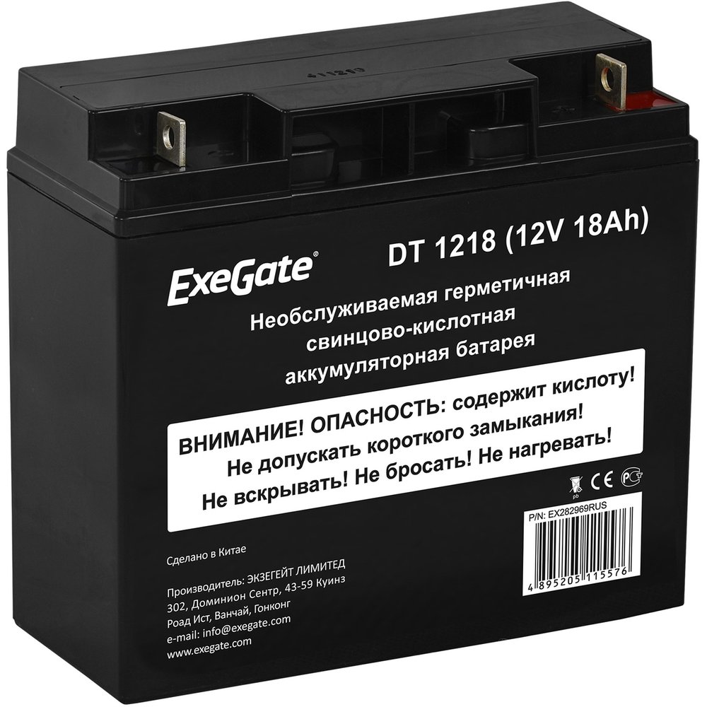 Батарея аккумуляторная АКБ DT 1218 12V 18Ah, клеммы F3 болт М5 с гайкой ExeGate 282969