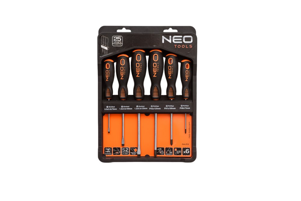 Набор отверток NEO Tools 6 шт, SL/PH, S2, двухкомпонентная рукоятка, на планке 04-213