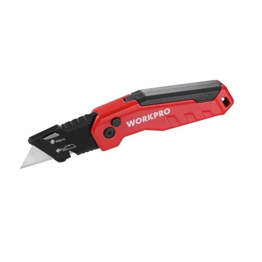 Нож алюминиевый складной WORKPRO быстрое открытие, красный WP211026