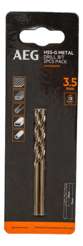 Сверло по металлу HSS-G (2 шт, 3.5х39х70 мм) AEG AAKHSSG035 4932479307