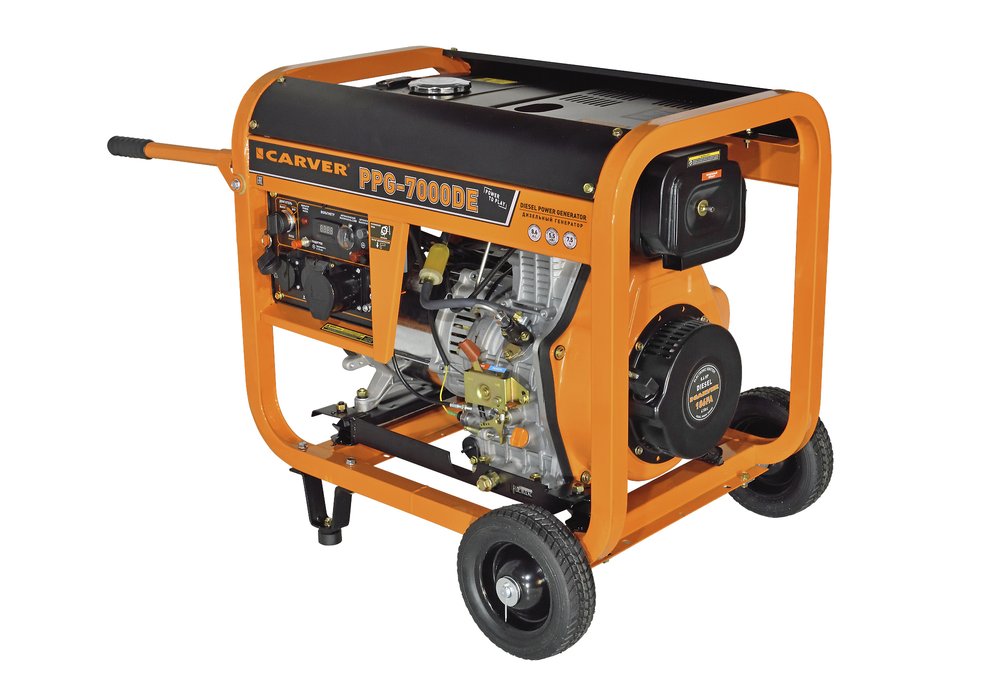 Генератор CARVER PPG- 7000DE дизель LT-186FA, 5,0/5,5кВт, 220В, бак12.5л, э/старт, колеса, медь 01.020.00023
