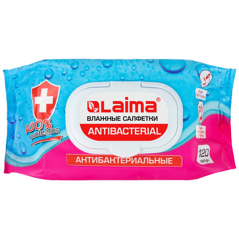 Влажные салфетки LAIMA Antibacterial, антибактериальные 120 шт., крышка-клапан 112497