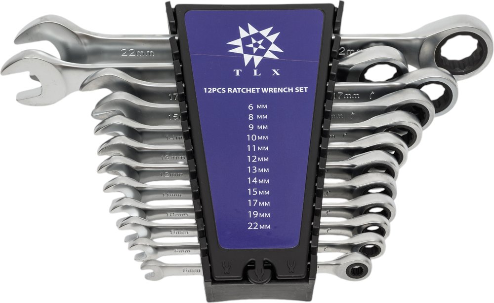Набор комбинированных ключей TLX MT8602PR рожковые и накидные, с трещоткой, 6-22 мм, на клипсе, 12 шт. 73377
