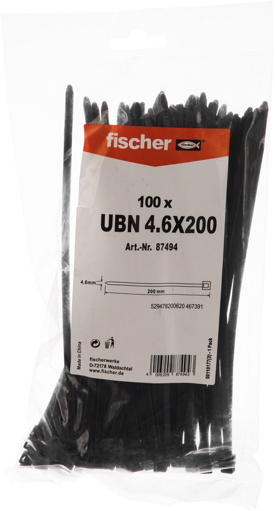 Кабельная стяжка Fischer UBN 4.6X200 устойчивая к УФ 100 шт. 87494