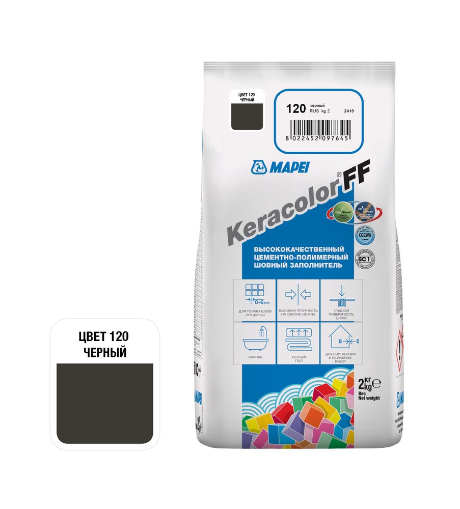 Затирка MAPEI KERACOLOR FF № 120, 2 кг, черный 5QA012002A