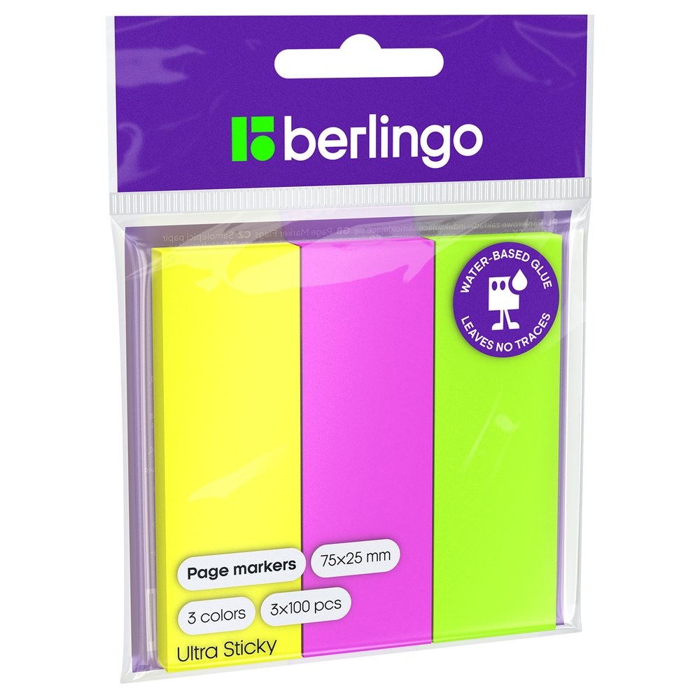 Флажки-закладки BERLINGO Ultra Sticky 25х75 мм, 100 листов х 3 неоновых цвета LSz_41001