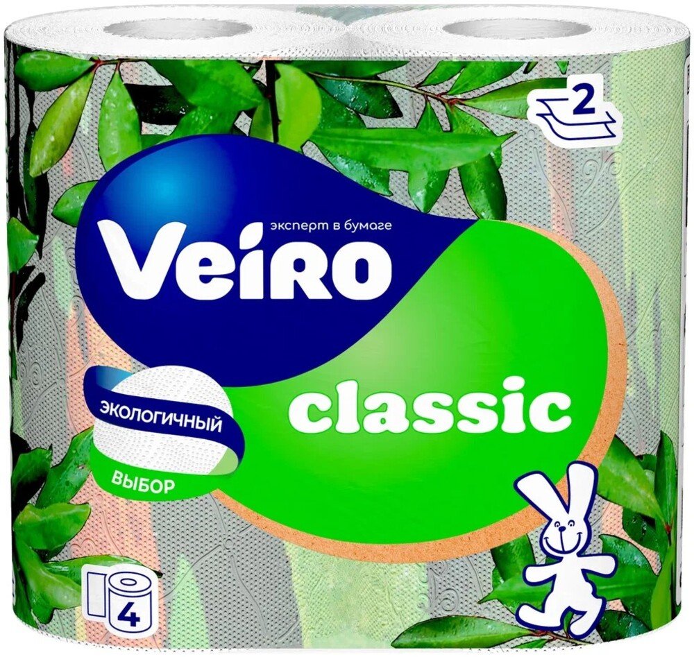 Бумага туалетная бытовая VEIRO Classic спайка 4 шт, 2-х слойная, белая 5с24 123208