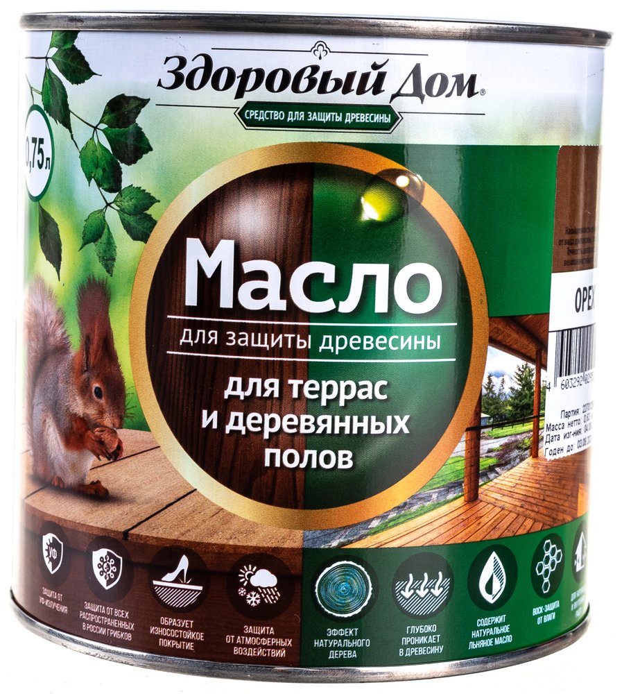 Масло для террас и деревянных полов Здоровый Дом орех 0,75 л Лк-00009553