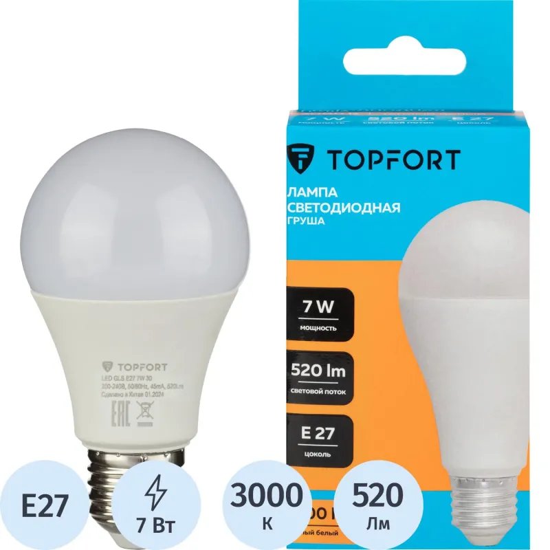 Лампа светодиодная Topfort E27 7W 3000K груша