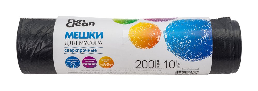 Мешки для мусора 'Сверхпрочные' 200 л, 10 шт, черные, ролик Fun Clean 6449