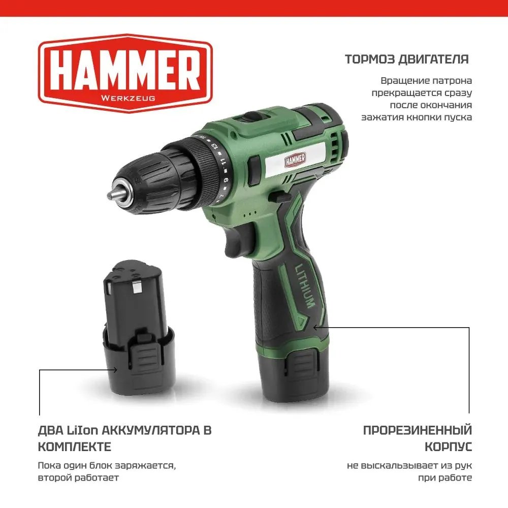 Аккумуляторная дрель Hammer промо 12в 2x1.5ач liion 10мм 0-350/0-1350об/мин, 26 нм, кейс ACD12/2С 824159