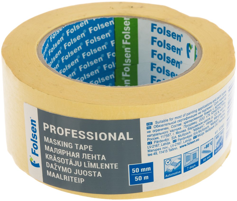 Малярная лента Folsen желтая 80oC 50мм x 50м 02250