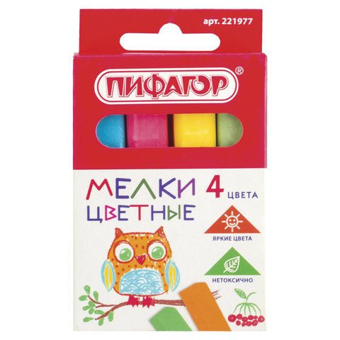Цветной мел ПИФАГОР набор 4 шт, квадратный 221977