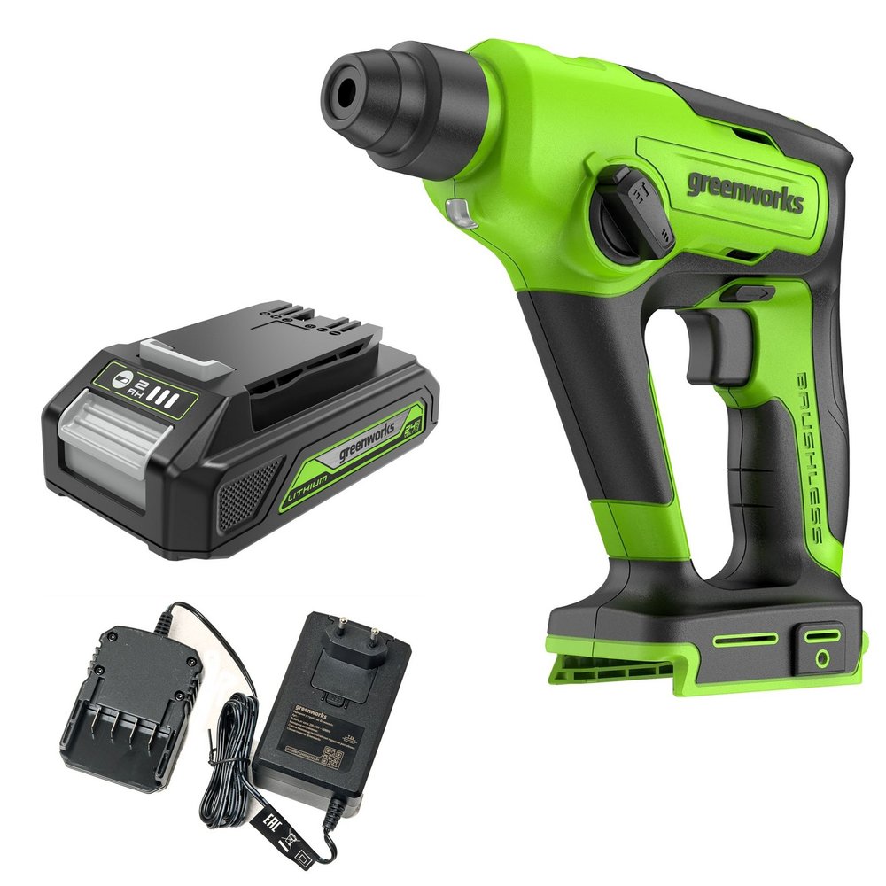 Перфоратор аккумуляторный бесщеточный GreenWorks GD24SDS1K2, 1,2 ДЖ, 24V, c АКБ 2Ач и ЗУ, 3803107UA