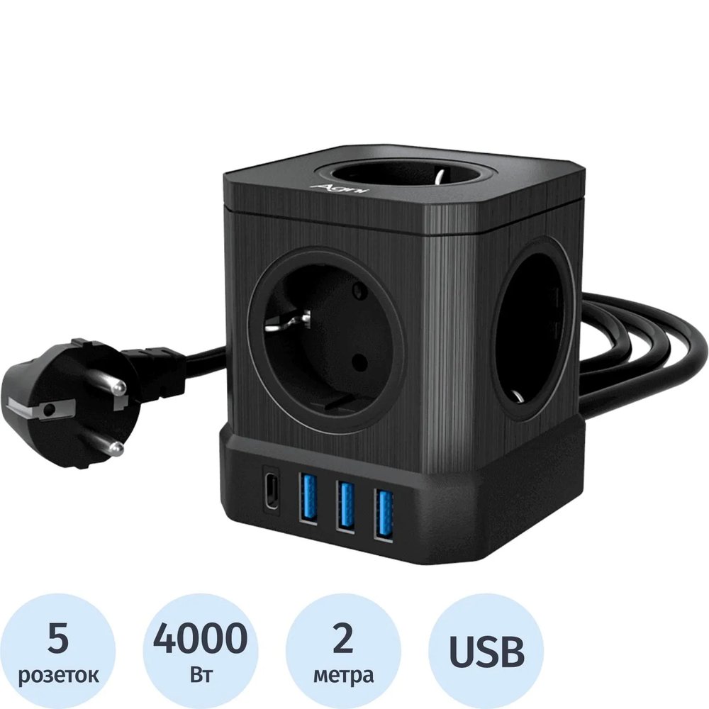 Сетевой фильтр AGNI  5р/2м,3USB 1TYPE-C,черный(TP-VE4U5E-C-2m-black)