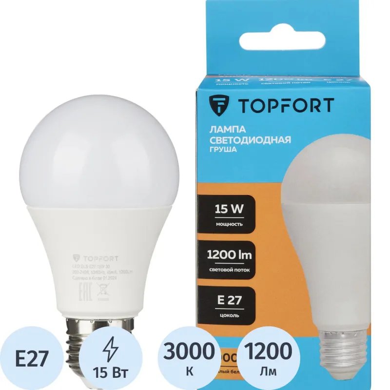 Лампа светодиодная Topfort E27 15W 3000K груша