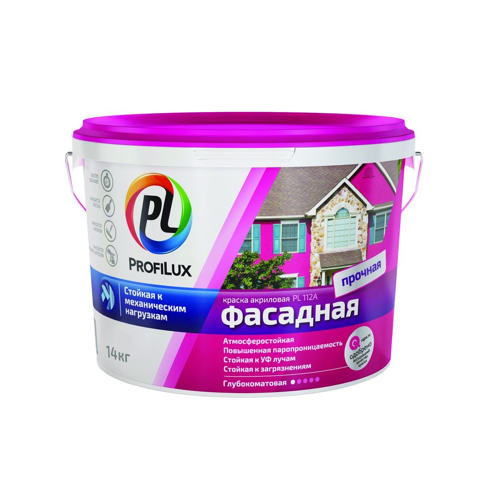 Фасадная влагостойкая краска Profilux ВД PL 112А белая, 14 кг МП00-004919