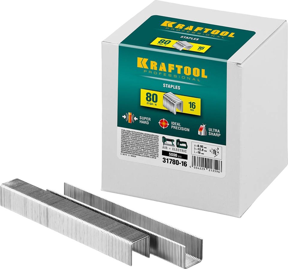 Скобы для степлера KRAFTOOL тип 21GA (80/Pr A/Senco AT) 16мм, 5000 шт, 31780-16