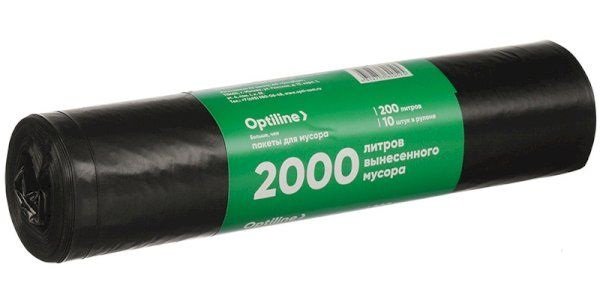 Пакеты для мусора ПВД 90x130 см, 35 мкм, 200 л, черные, в рулоне 10 шт. Optiline 23-0050